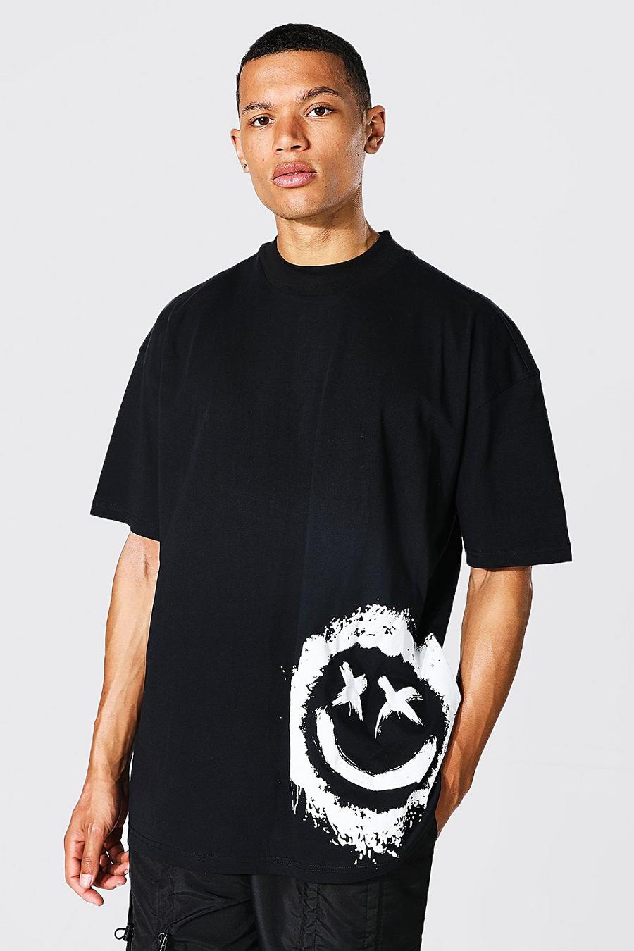 T-shirt Tall oversize con volto effetto stencil e girocollo esteso, Black negro image number 1