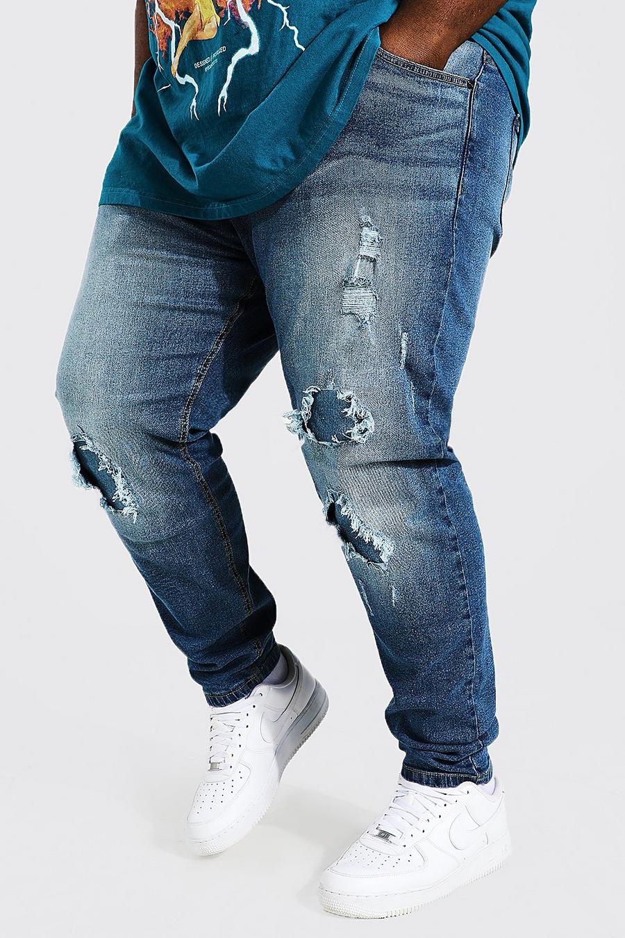 כחול ביניים סקיני ג'ינס עם קרעים וטלאים, מידות גדולות image number 1