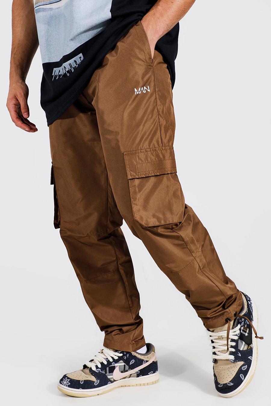 Pantalon cargo droit à cordons de serrage - MAN, Tan brown image number 1