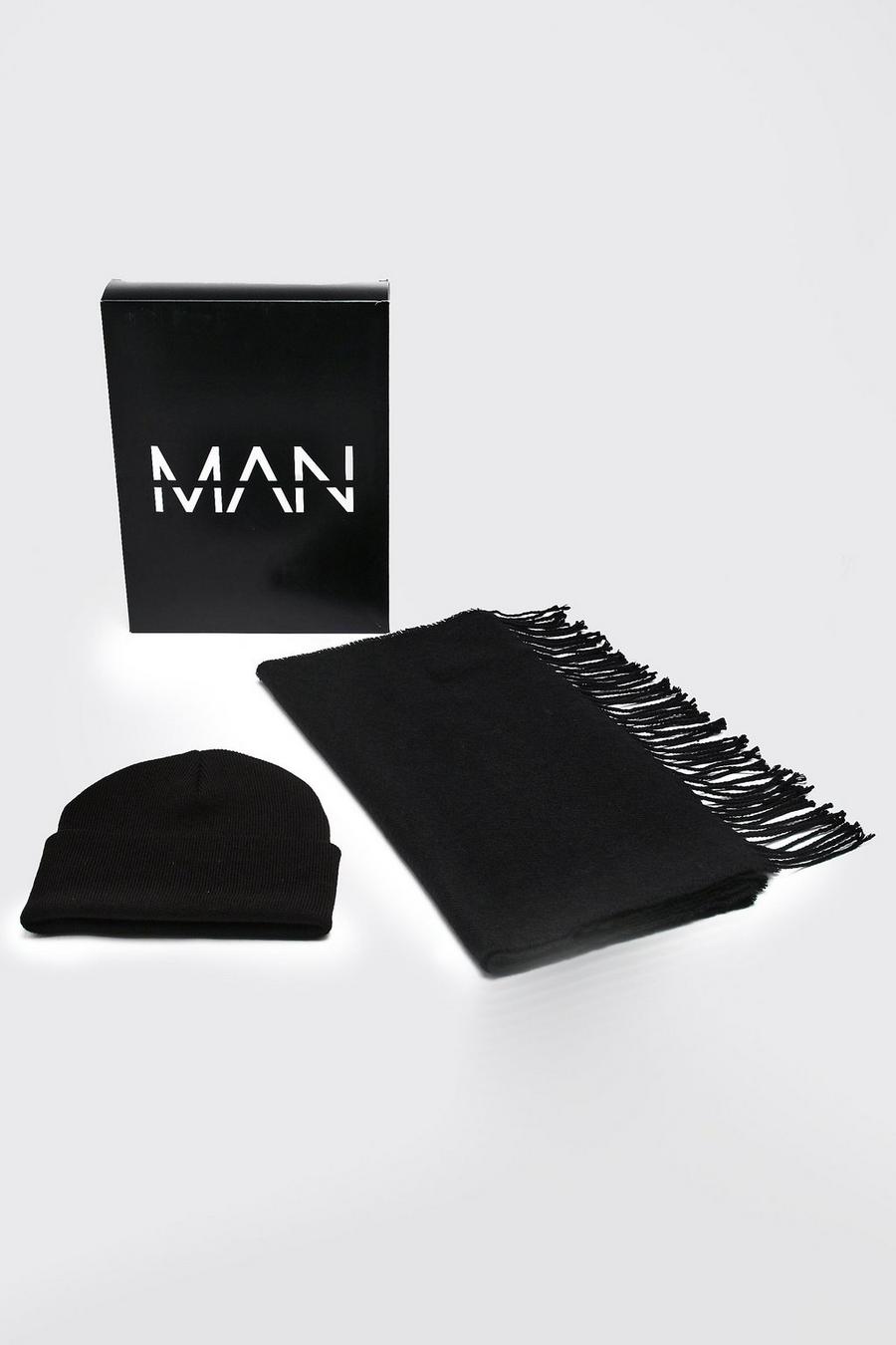 Black Woven Scarf And Beanie Set with Gift Box image number 1