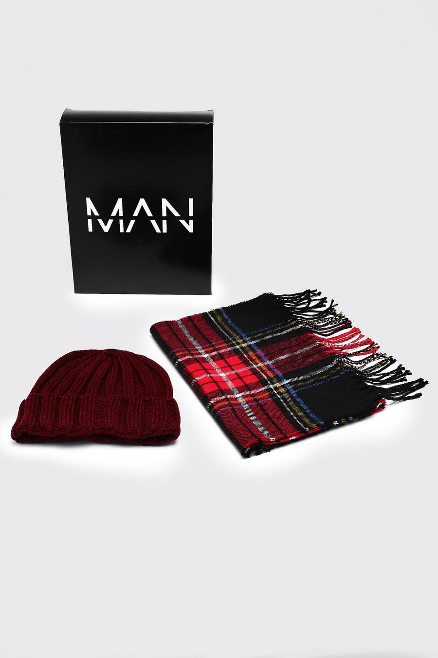 Red röd Woven Scarf And Beanie Set with Gift Box image number 1