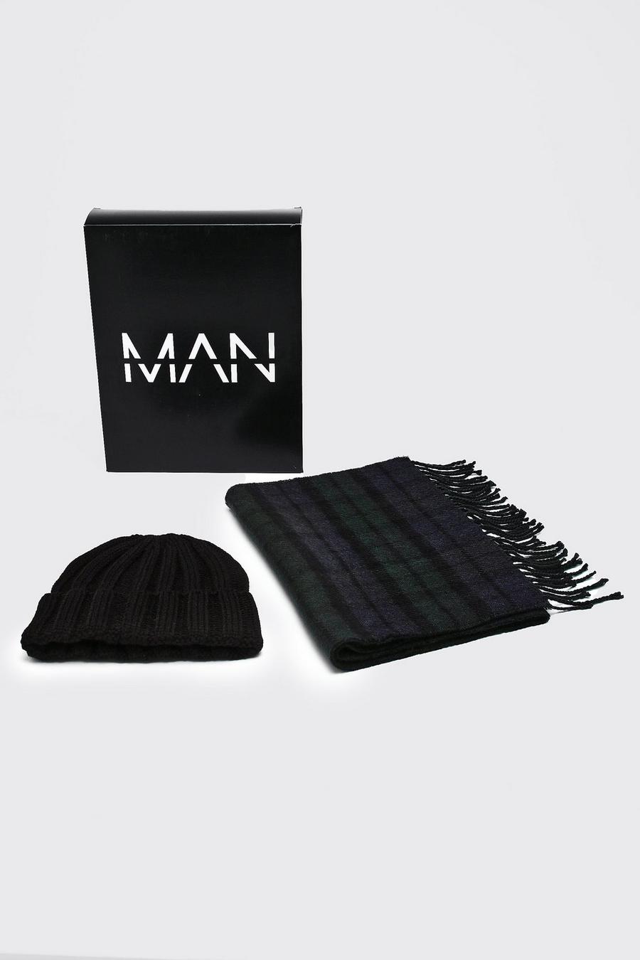 Black Woven Scarf And Beanie Set with Gift Box  image number 1