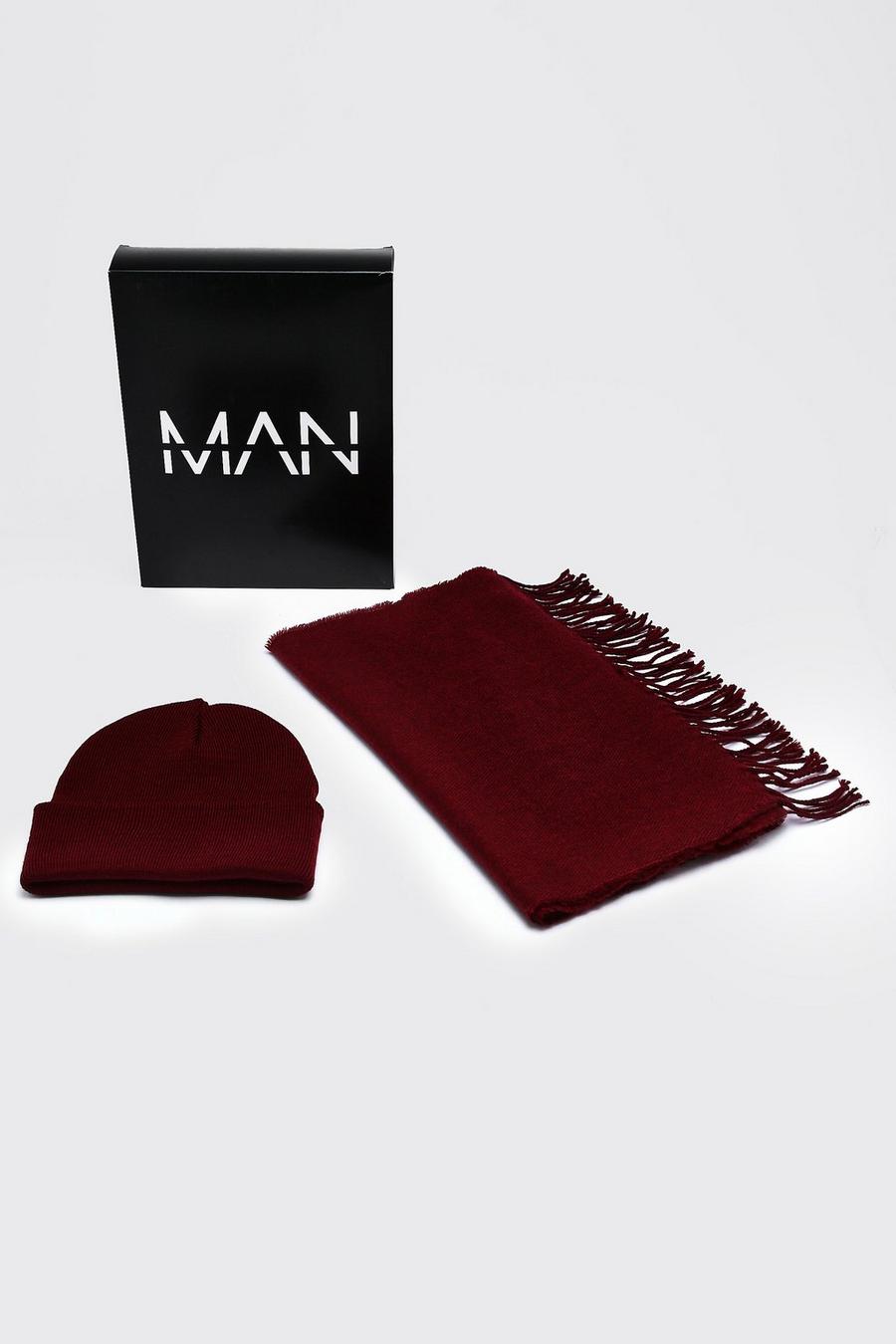 Burgundy Woven Scarf And Beanie Set with Gift Box image number 1