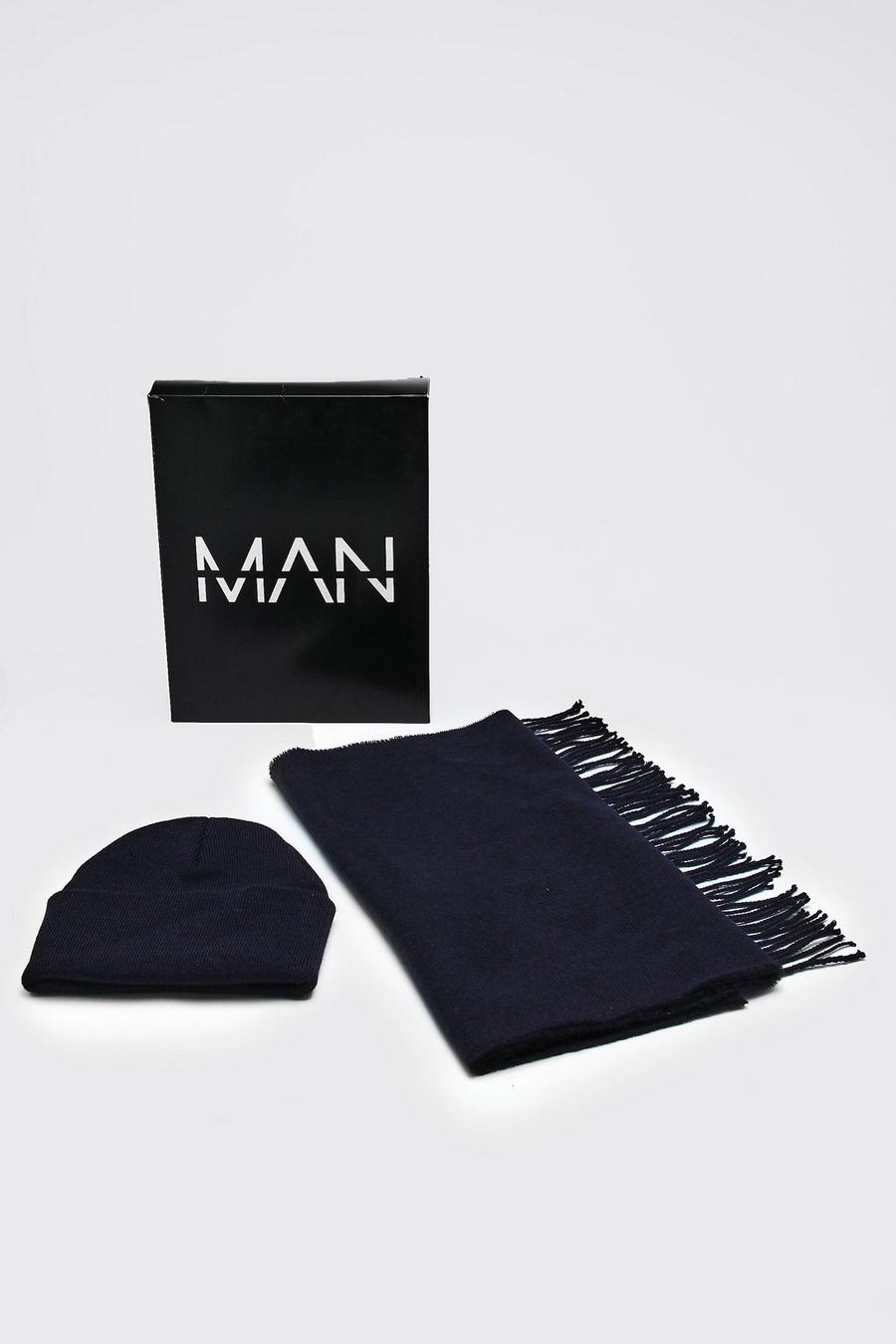 Navy Woven Scarf And Beanie Set with Gift Box image number 1