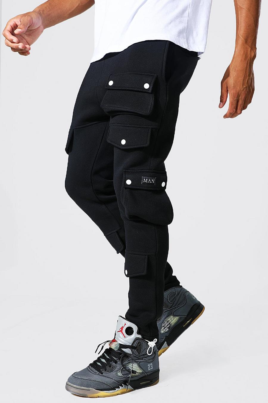 שחור nero מכנסי טרנינג דגמ"ח עם כיסים מרובים וחפתים לגברים גבוהים image number 1