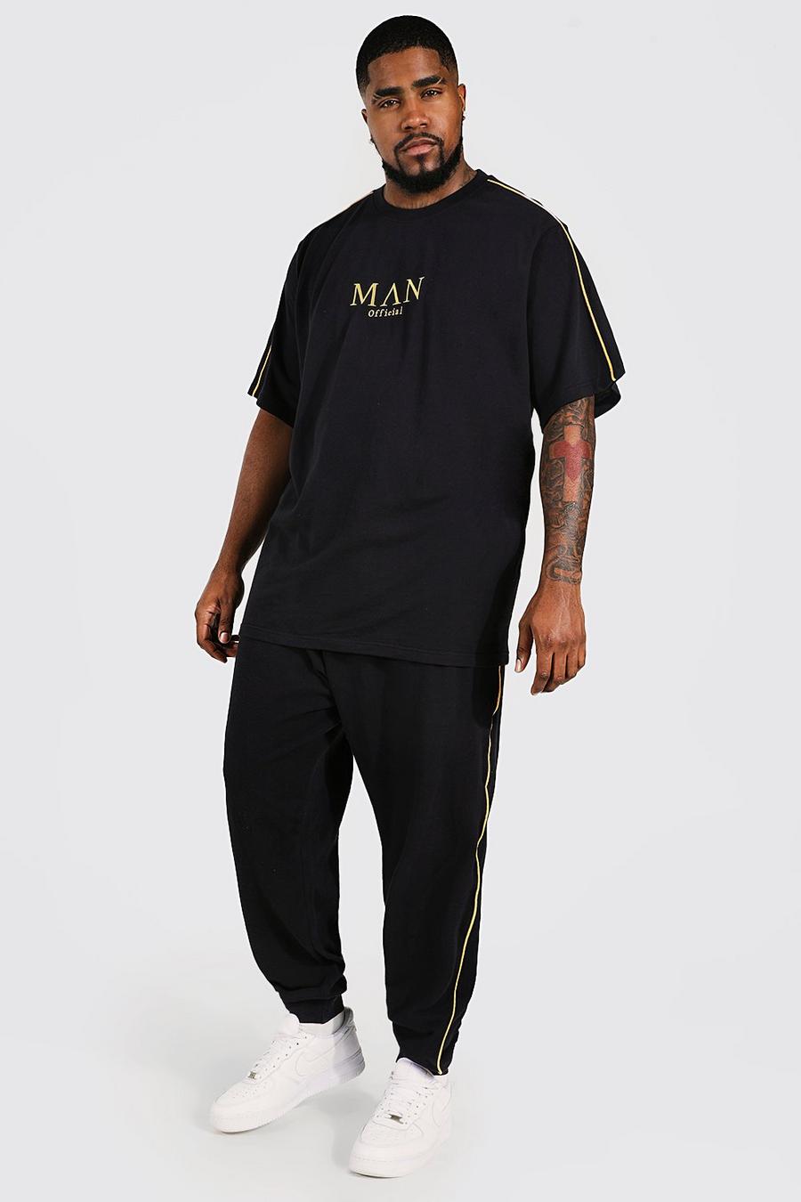 Conjunto Plus con letras MAN doradas de camiseta y pantalón deportivo, Black nero image number 1