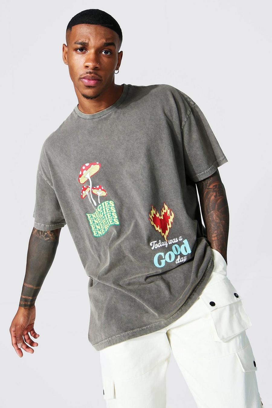 Brown Oversized Overdyed Slogan Graphic T-Shirt image number 1