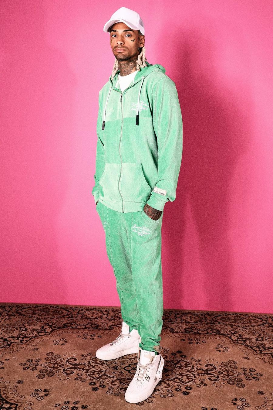 Green Cord Hooded Zip Tracksuit With Woven Tab image number 1