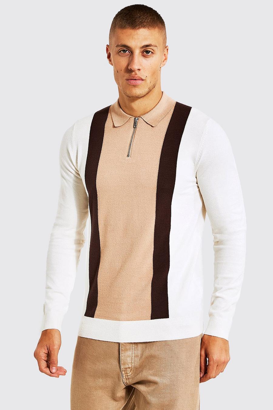 Taupe beige Long Sleeve Half Zip Colour Block Polo image number 1