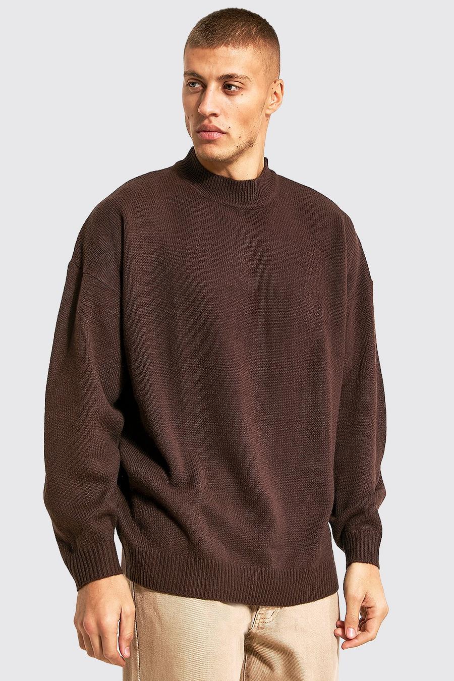 Chocolate Oversized Extended Neck Knitted Jumper image number 1