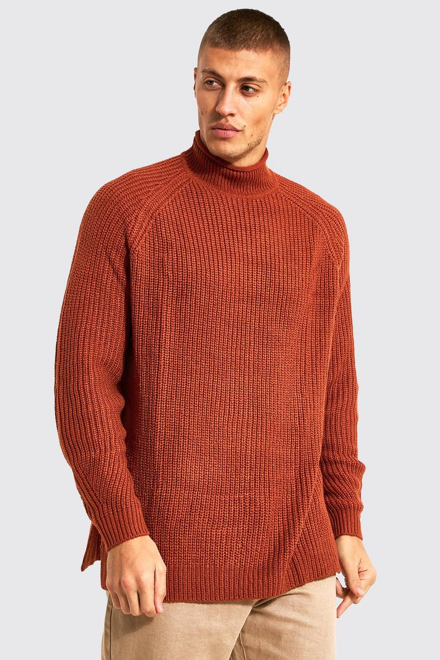 Pullover mit Trichterkragen und geteiltem Saum, Rust orange