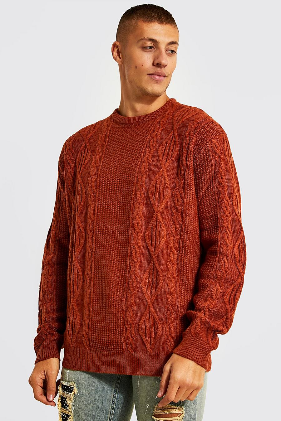 Rust orange Oversize kabelstickad tröja med låg axelsöm image number 1