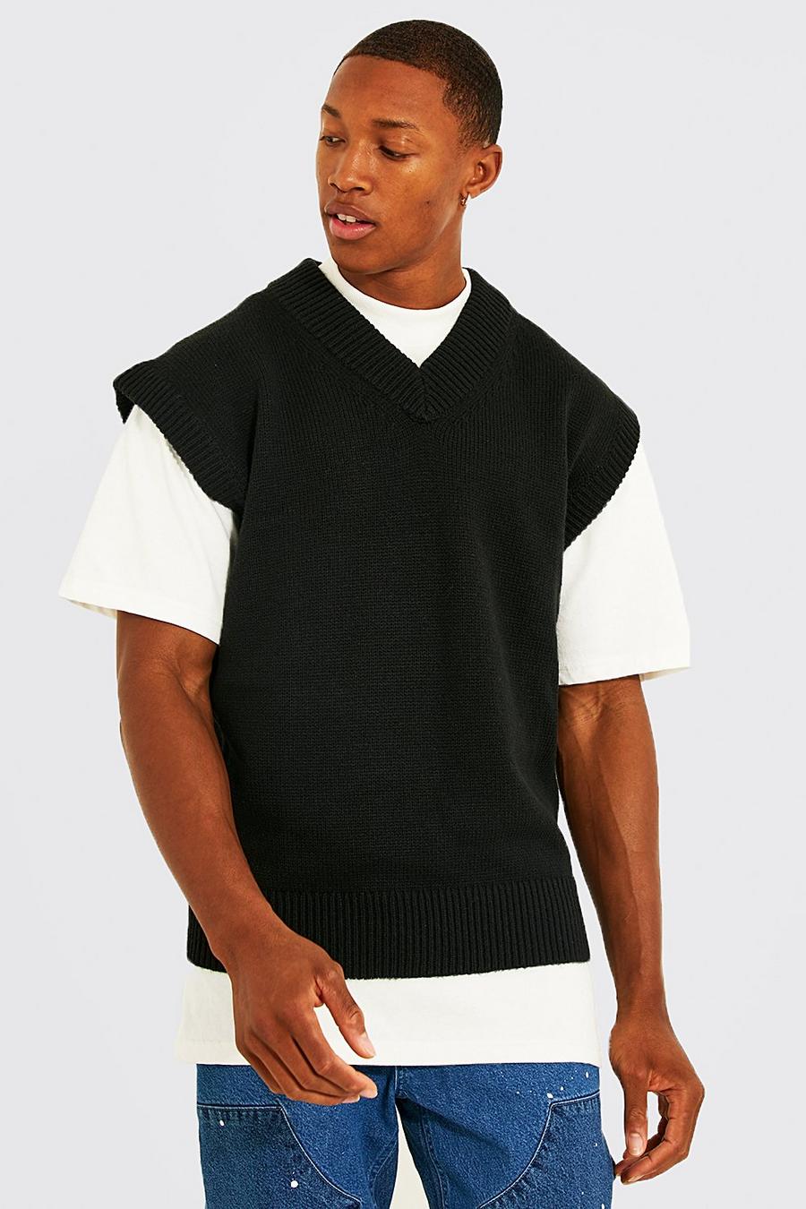 Black Chunky Rib Knitted V Neck Vest image number 1