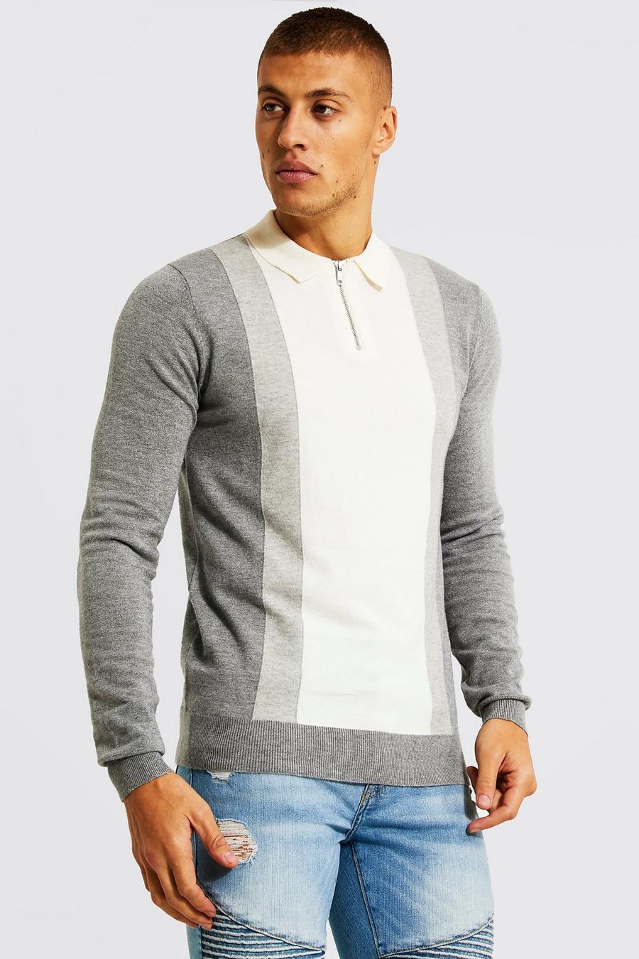 Grey Long Sleeve Half Zip Colour Block Polo image number 1
