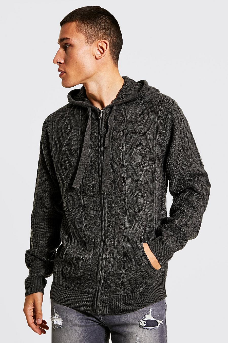 Charcoal grey Chunky Cable Knitted Hoodie