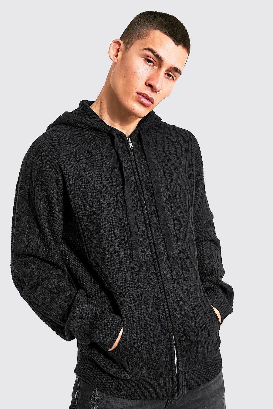 Black svart Chunky Cable Knitted Hoodie