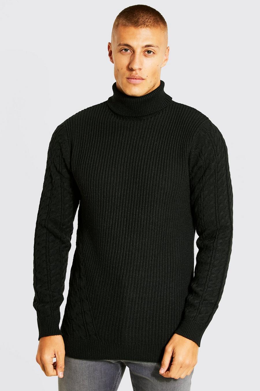 Maglione in maglia spessa riciclata con collo alto, Black image number 1