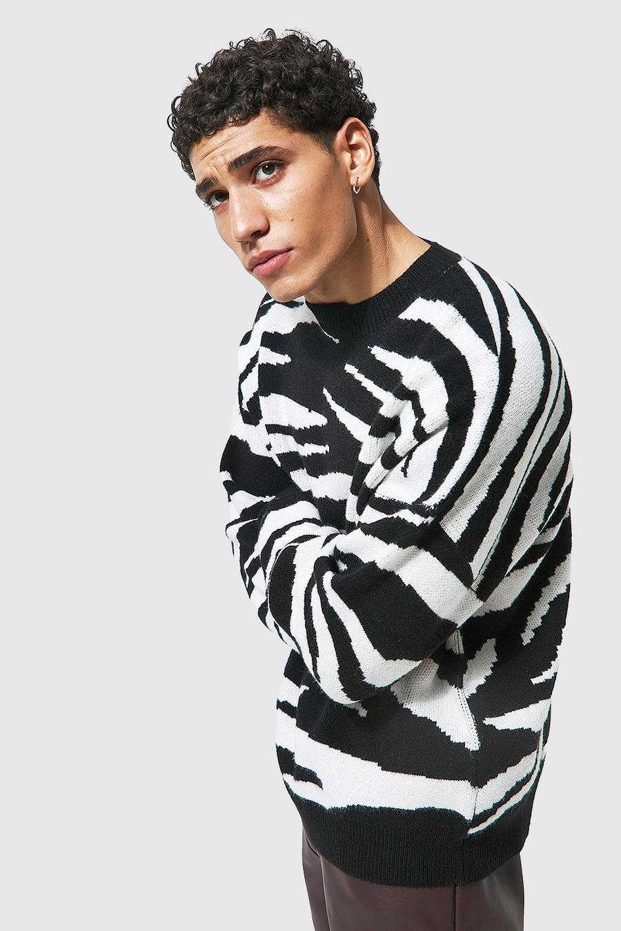 Black Oversized Brushed Knit Zebra Crew Neck Jumper image number 1