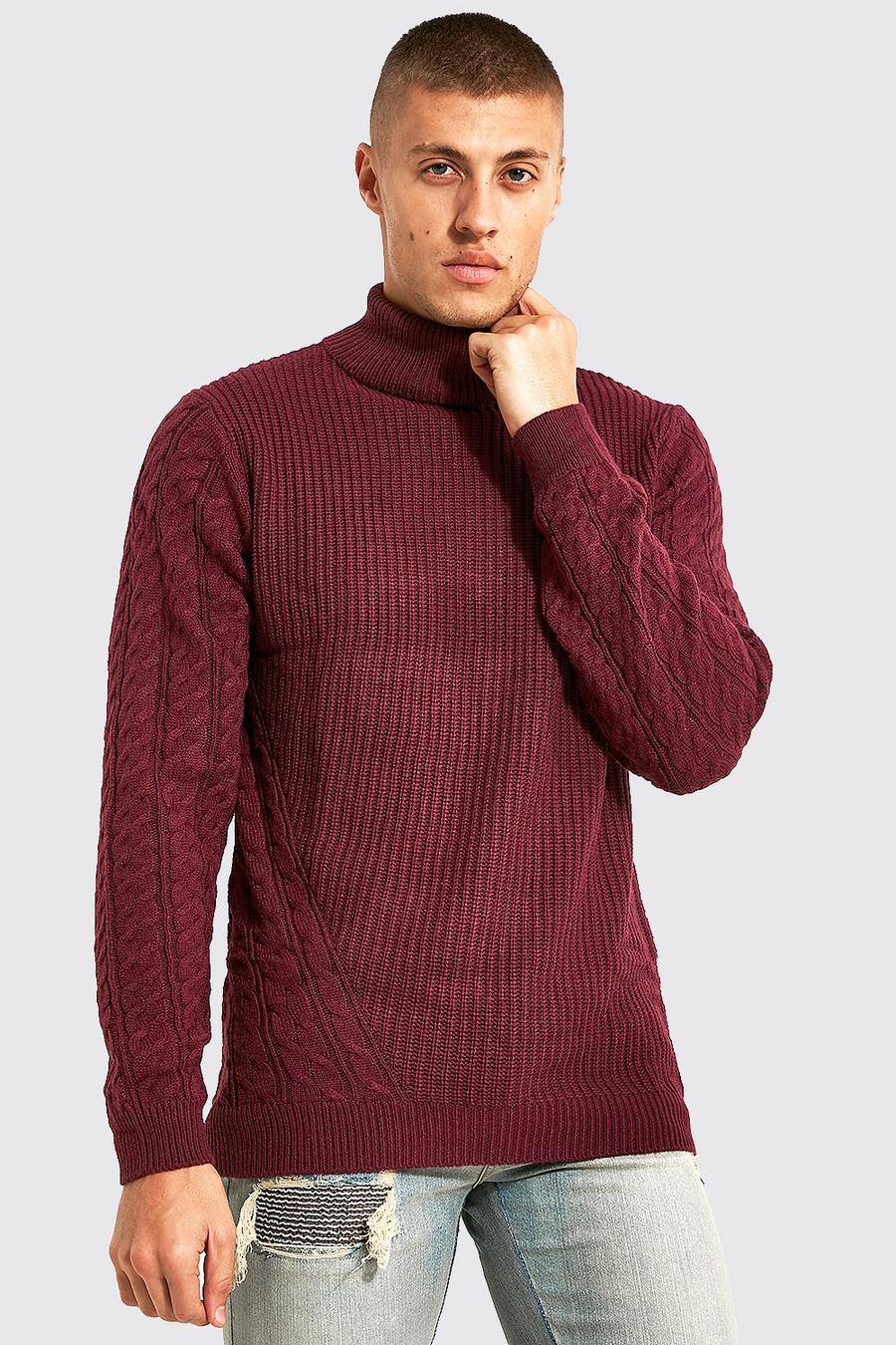 Burgundy Roll Neck Mixed Stitch Chunky Knit Jumper image number 1