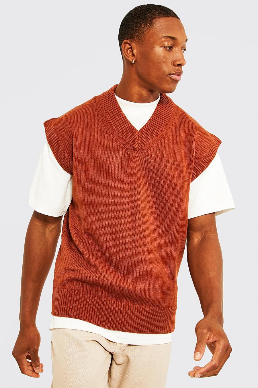 Rust Chunky Rib Knitted V Neck Vest image number 1