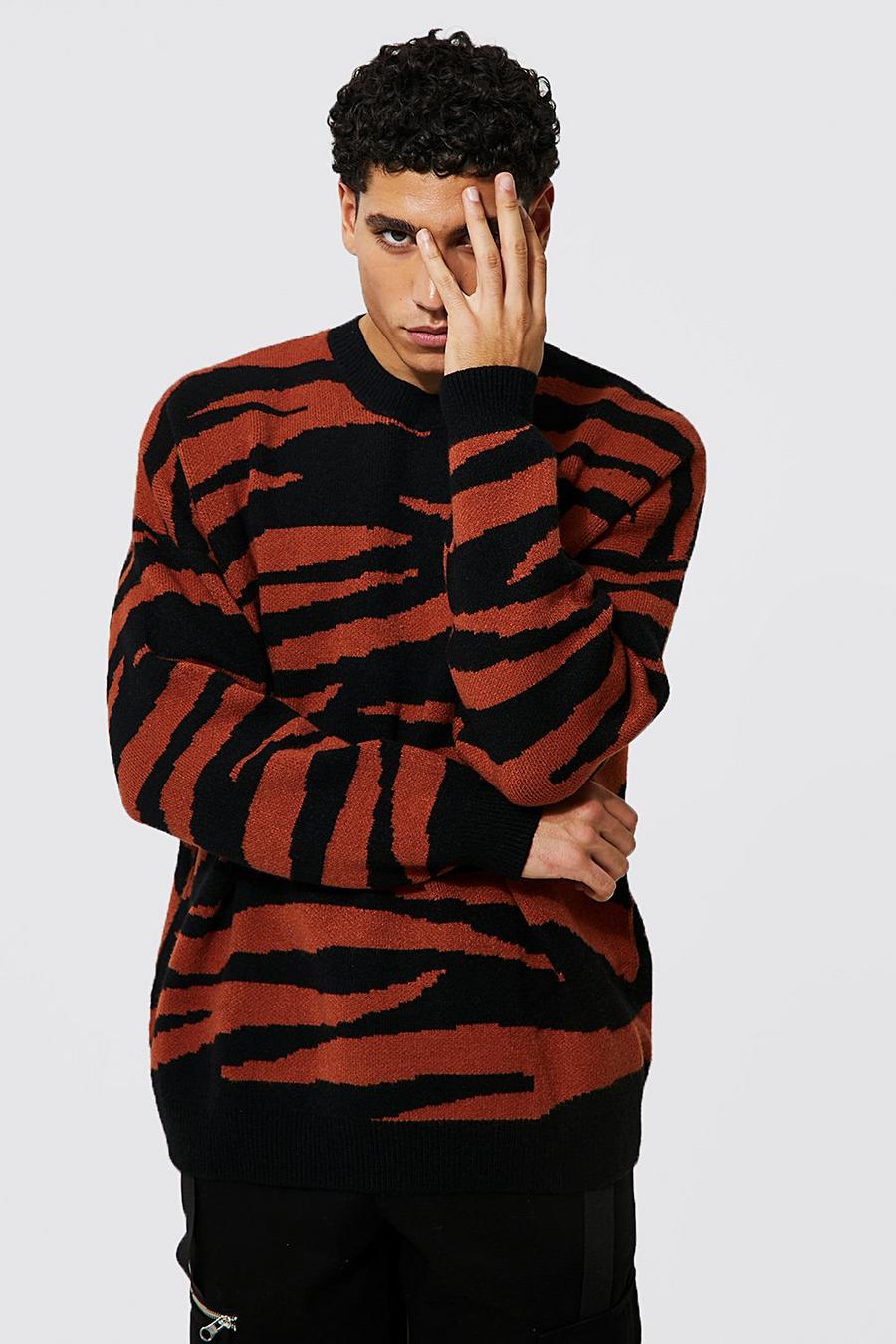 Oversize Rundhals-Pullover mit Zebraprint, Rust orange