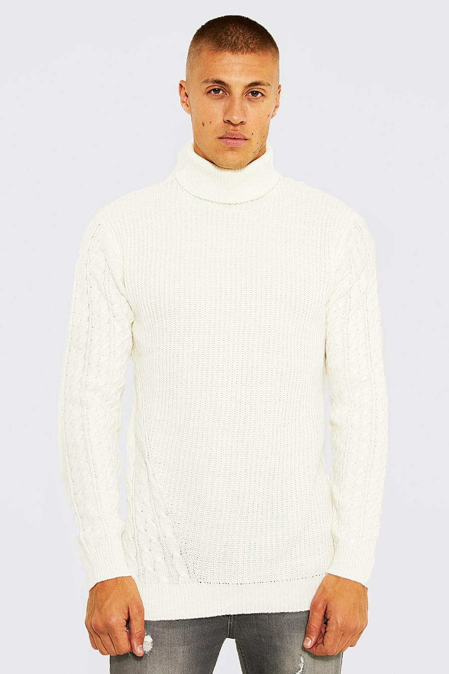 Cream blanc Roll Neck Stitch Chunky Knit Jumper image number 1