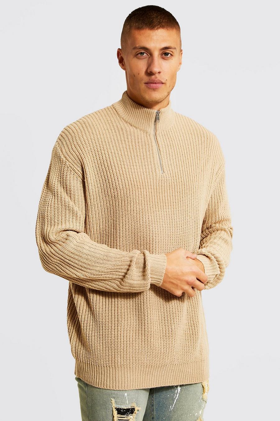 Taupe Oversized Chunky Half Zip Ribbed Jumper image number 1