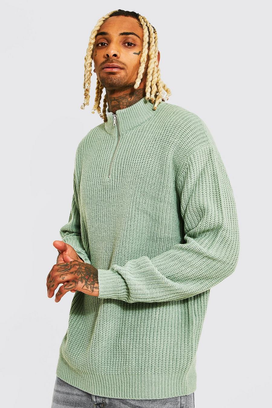 Klobiger gerippter Oversize Pullover mit Reißverschluss, Sage grün