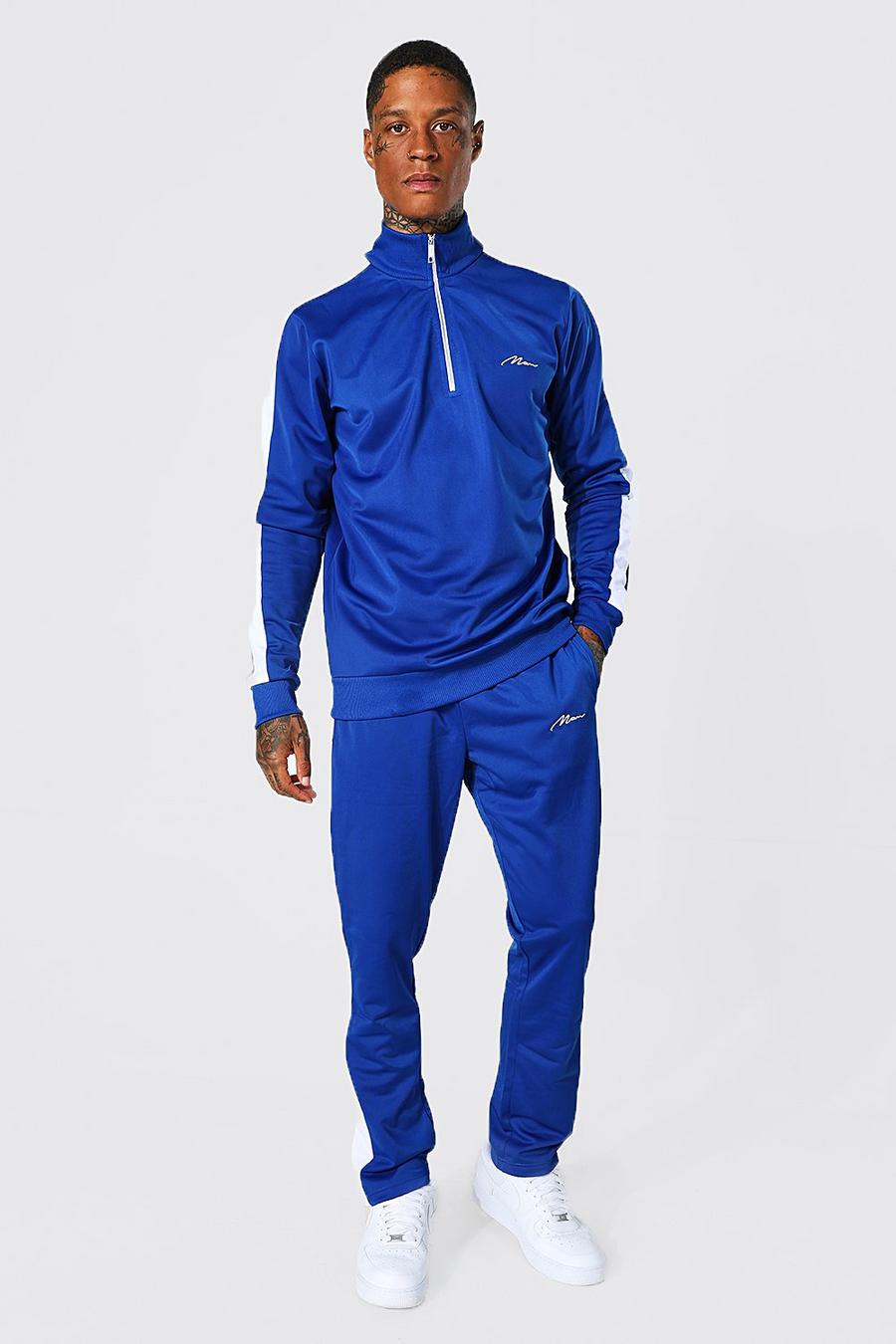 Tuta sportiva in tricot con pannelli, zip corta e firma Man, Cobalt image number 1