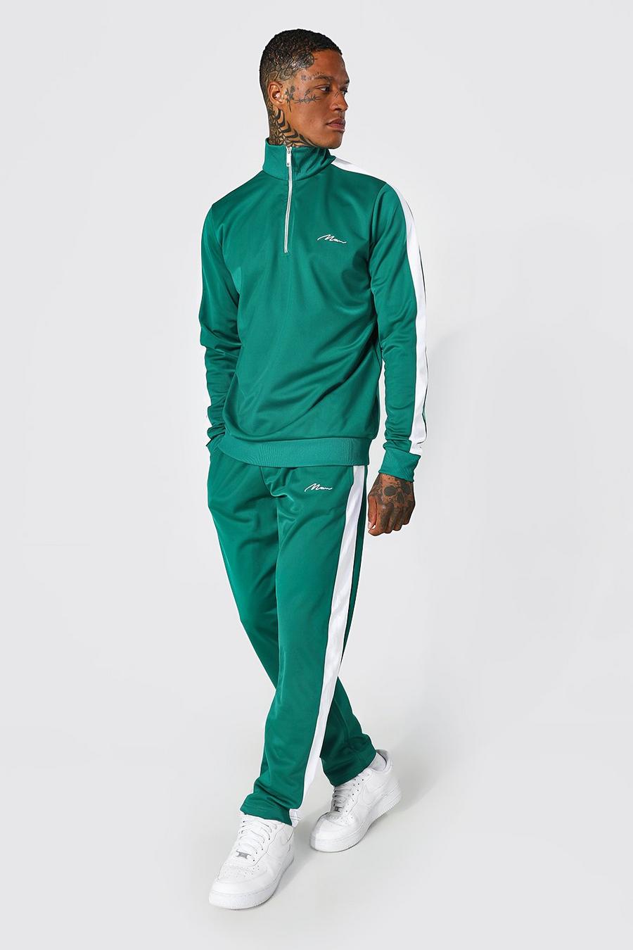 Tuta sportiva con pannelli in tricot, zip corta e scritta Man, Green image number 1