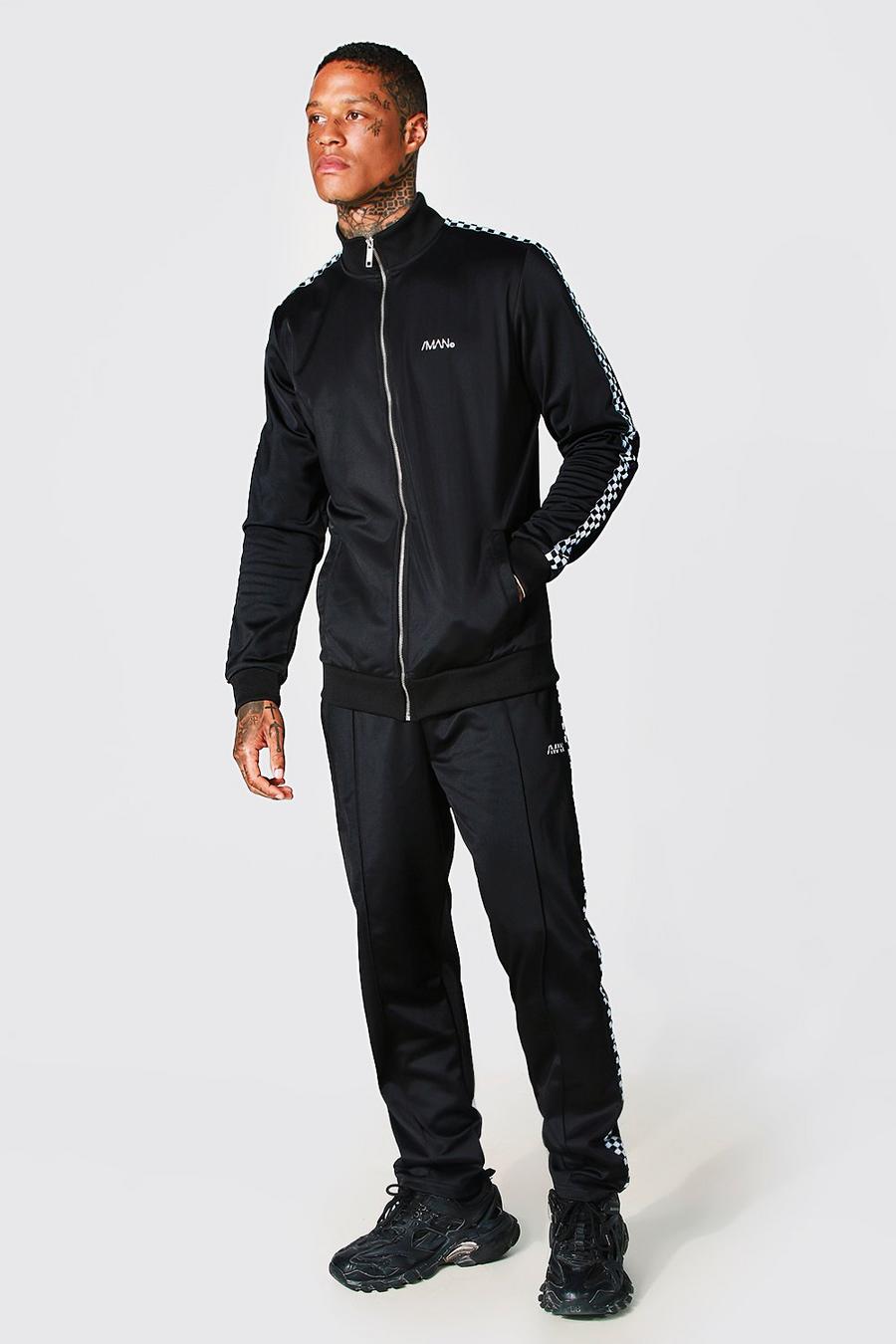 Tuta sportiva Man in tricot con zip con striscia a scacchiera, Black image number 1