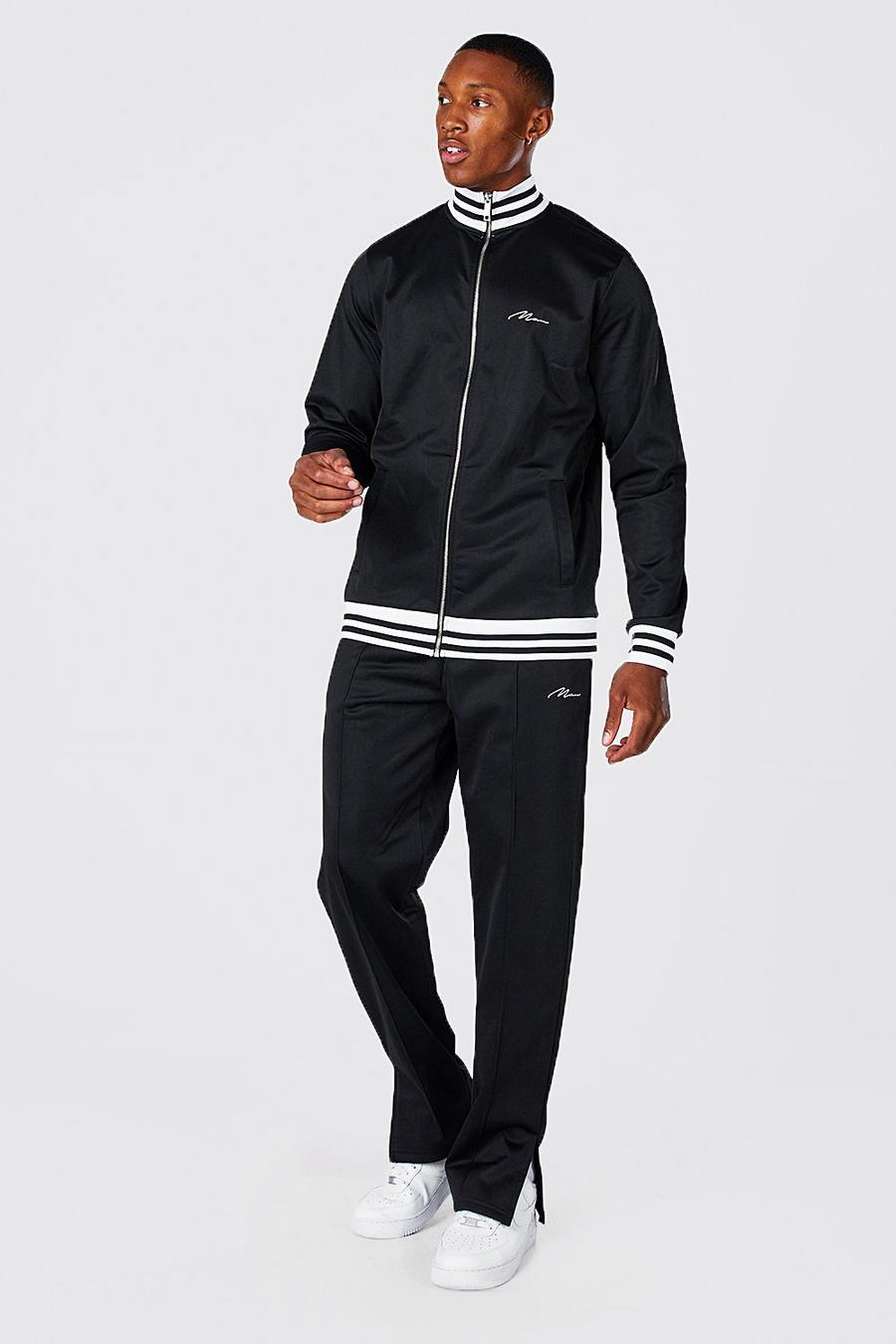 Gerippter Man Signature Trikot-Trainingsanzug mit Sport-Streifen, Black image number 1