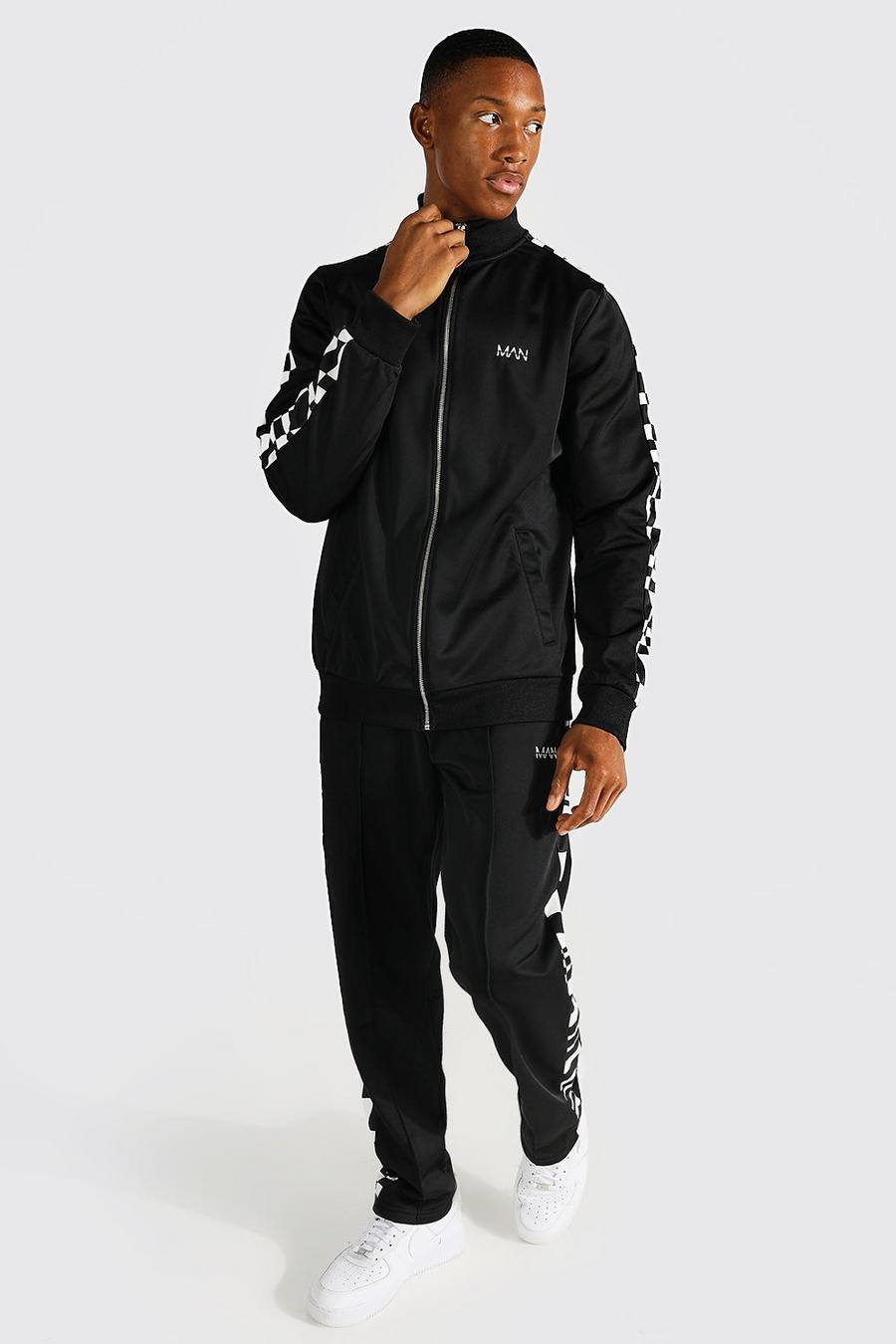 Black Man Checkerboard Panel Tricot Zip Tracksuit image number 1