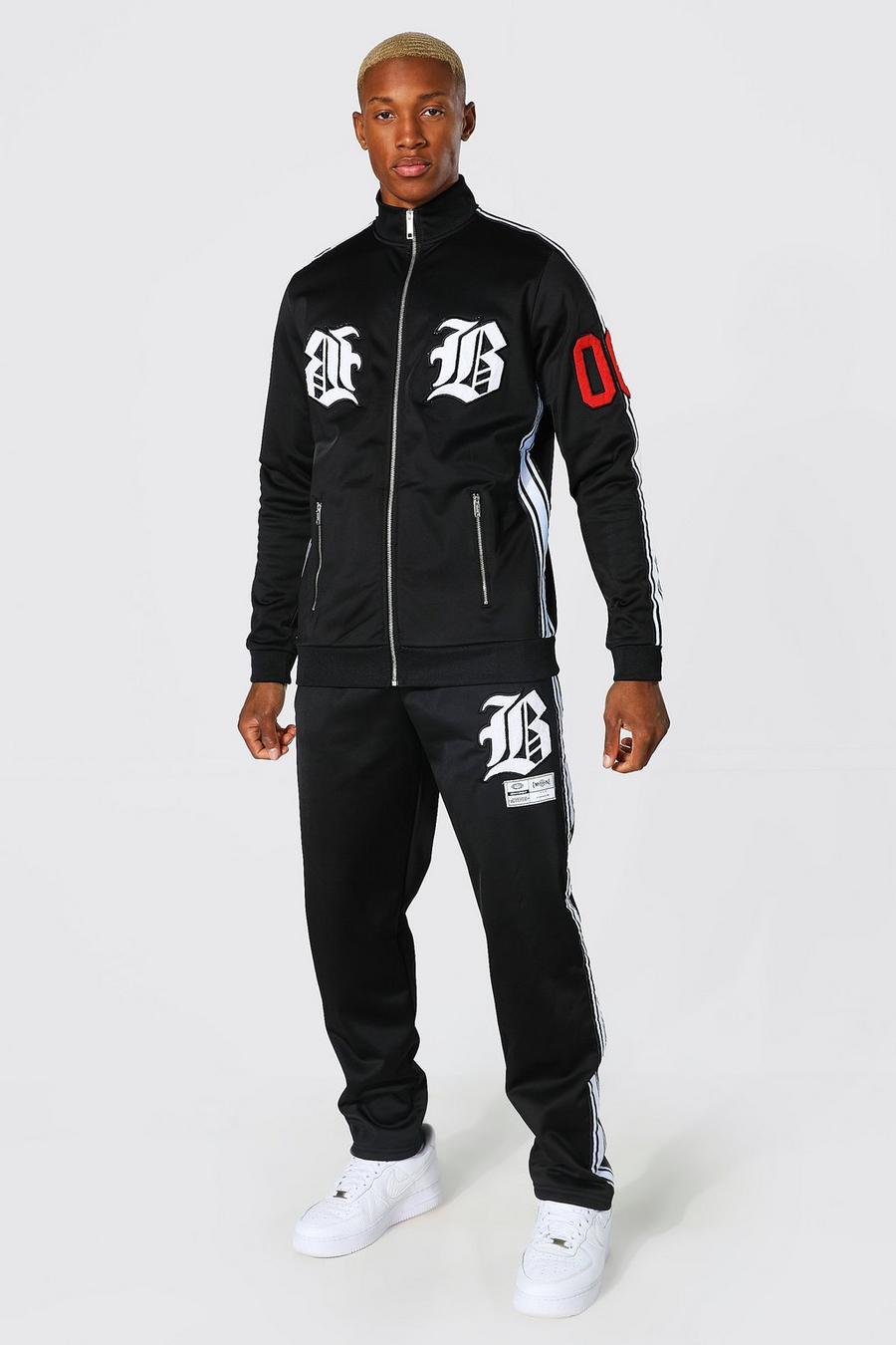 Tuta sportiva in tricot con stemma stile Varsity e zip, Black image number 1