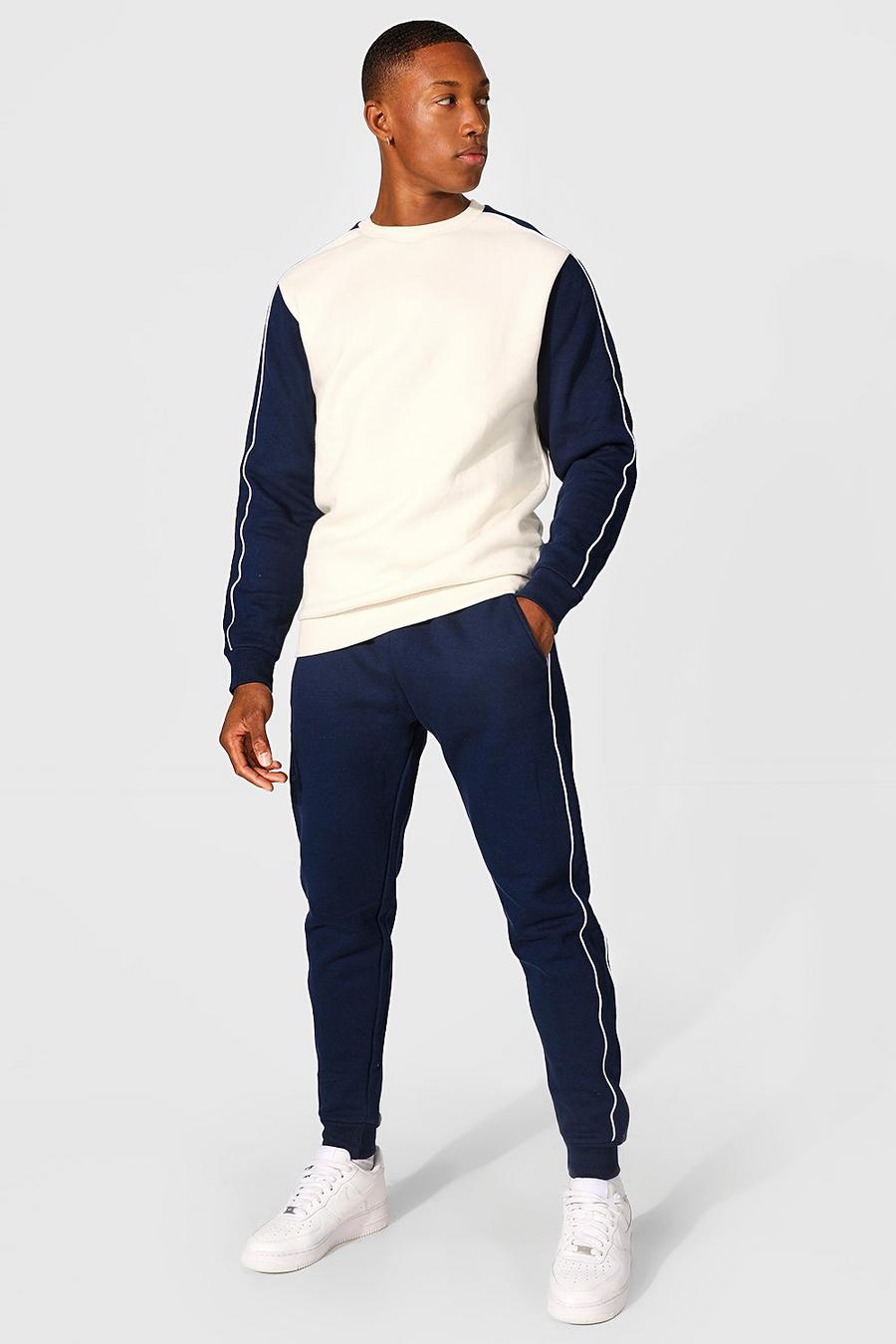 Navy marinblå Colour Block Piping Sweater Tracksuit image number 1
