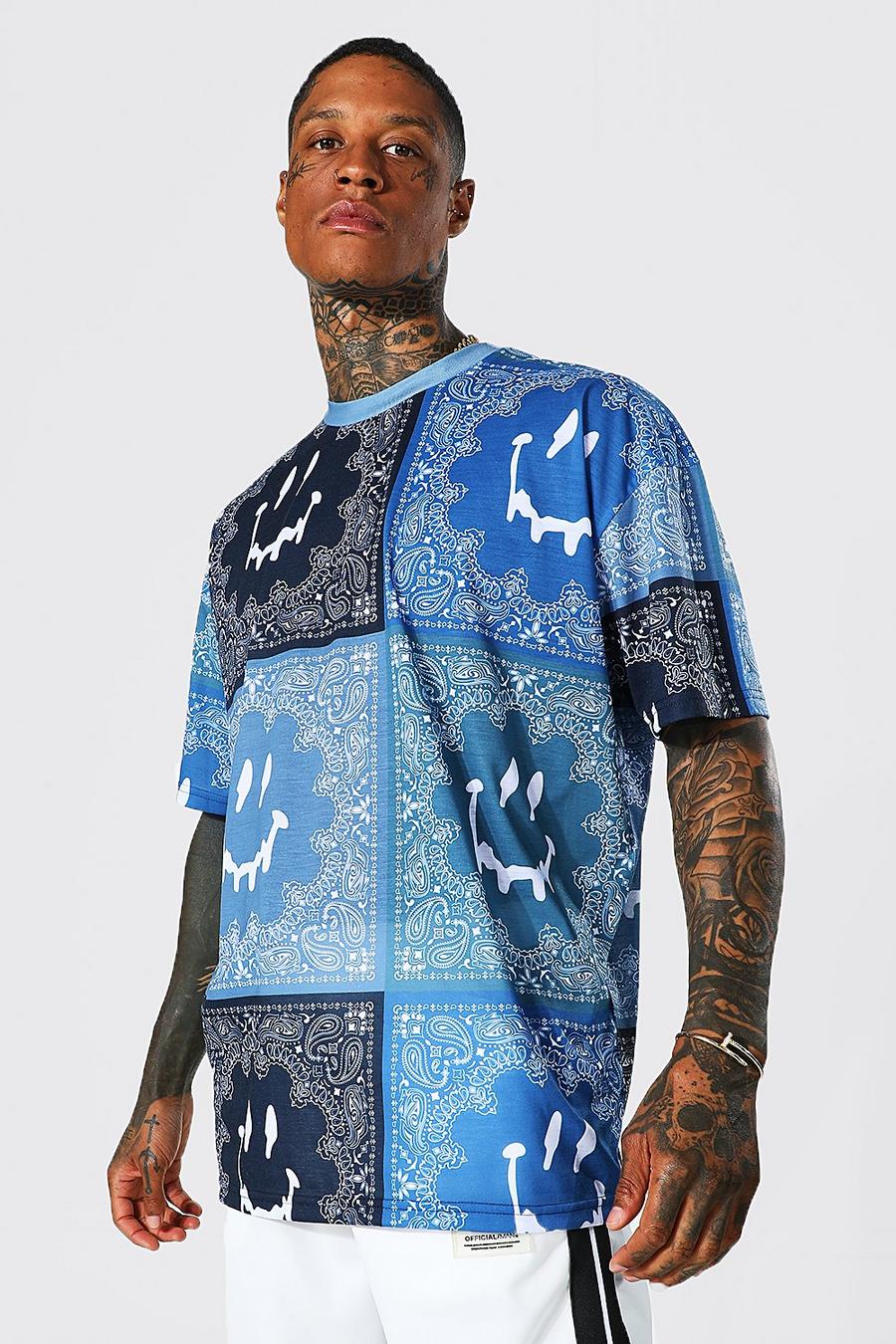 Oversize T-Shirt mit Bandana-Print und Drip Face , Blue image number 1