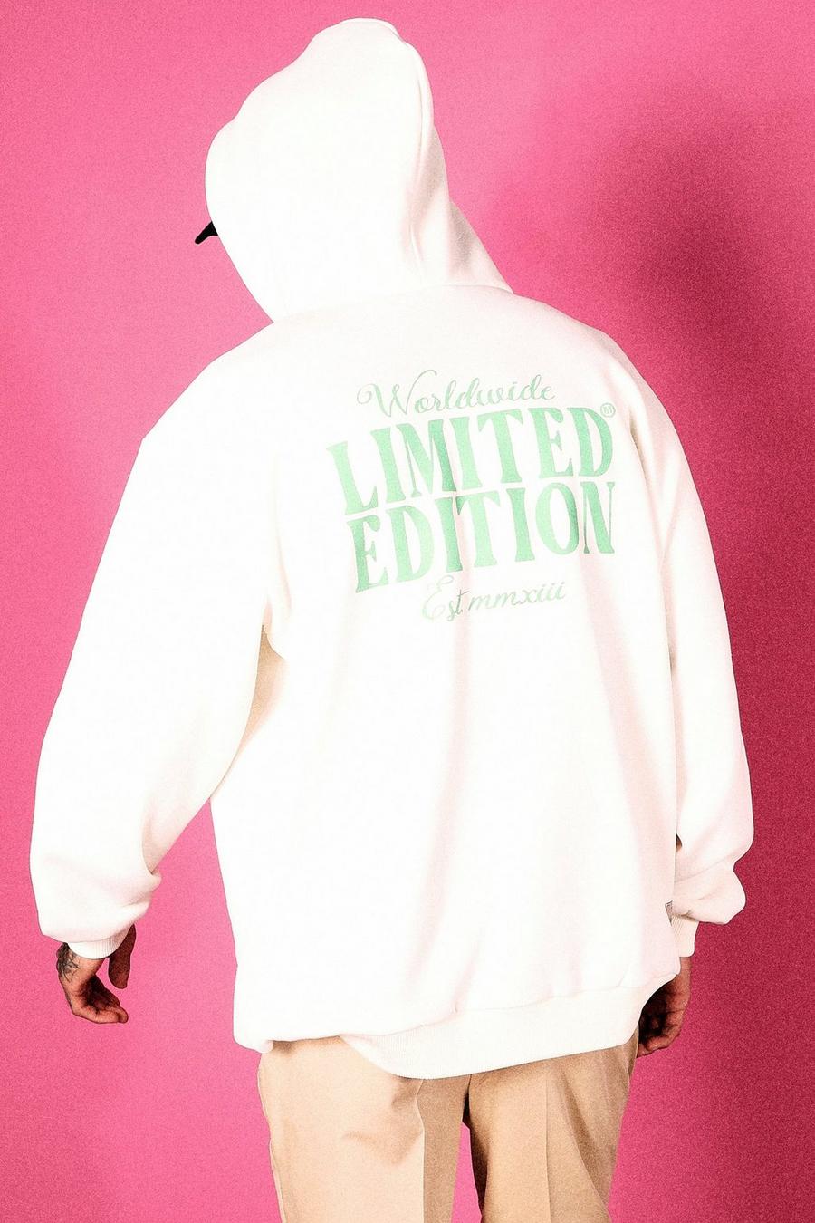 Ecru white MAN Oversize hoodie med tryck fram och bak image number 1