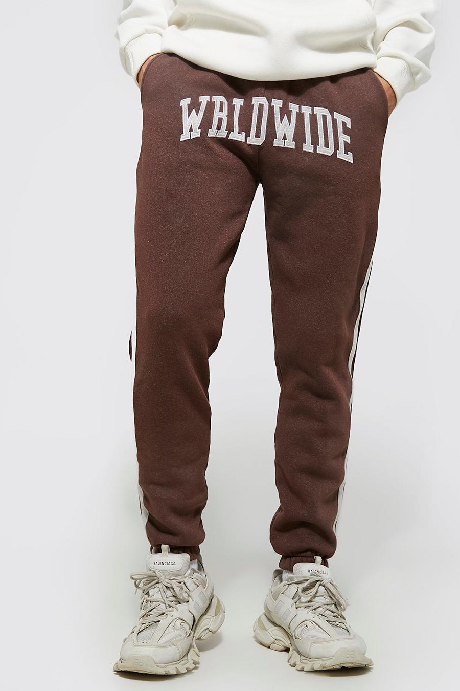 Pantaloni tuta Slim Fit Worldwide stile Varsity , Chocolate marrone image number 1