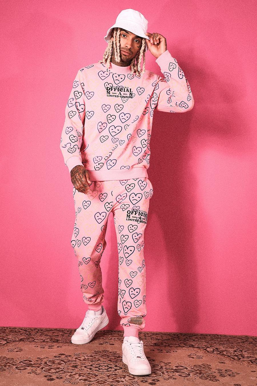 Pink Heart Print Sweater Tracksuit image number 1