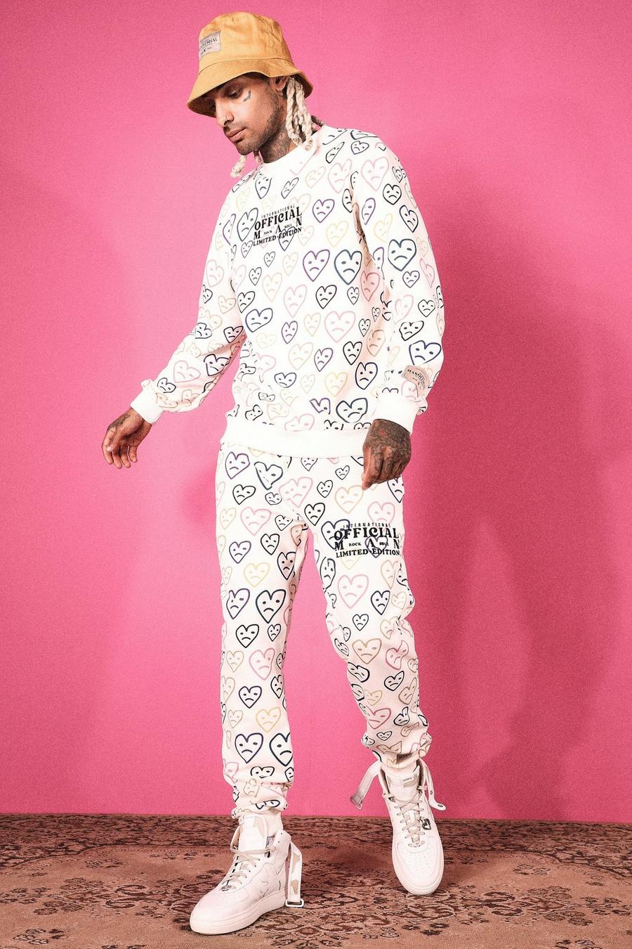 Ecru white Heart Print Sweater Tracksuit image number 1