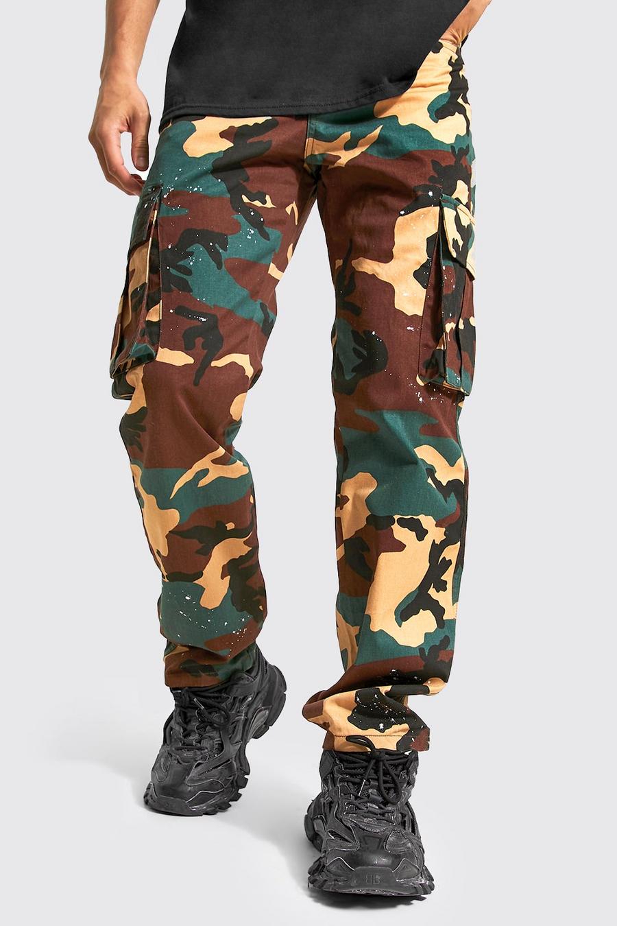 Man lockere Camouflage Cargo-Hose mit Farbspitzern, Khaki image number 1