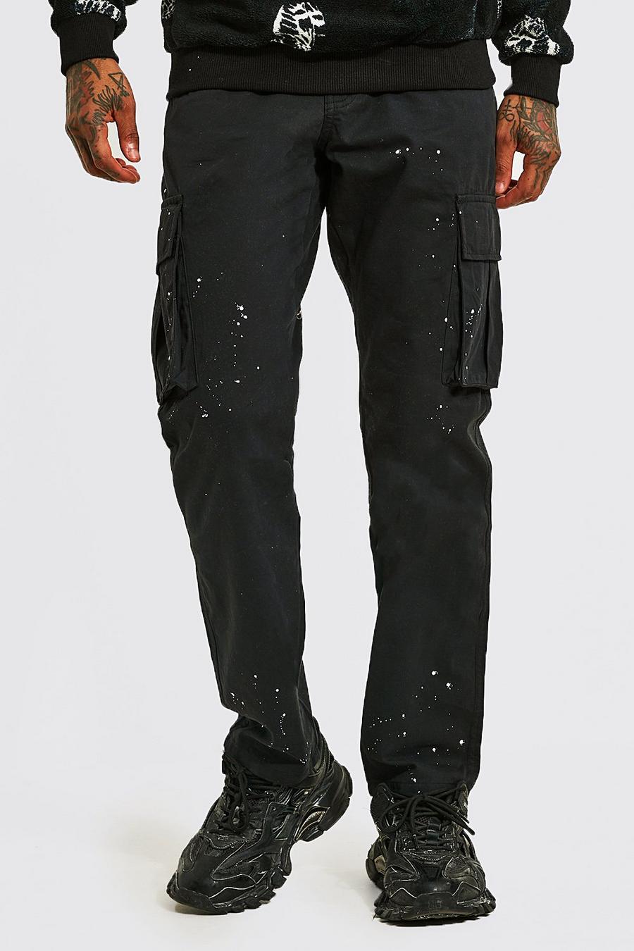 Black svart Man Relaxed Paint Splatter Cargo Trousers image number 1