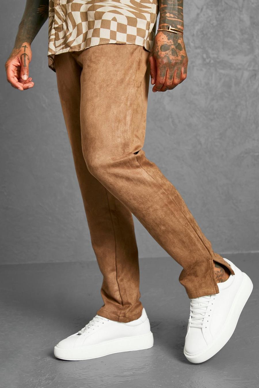 Tan Slim Fit Suede Trousers image number 1