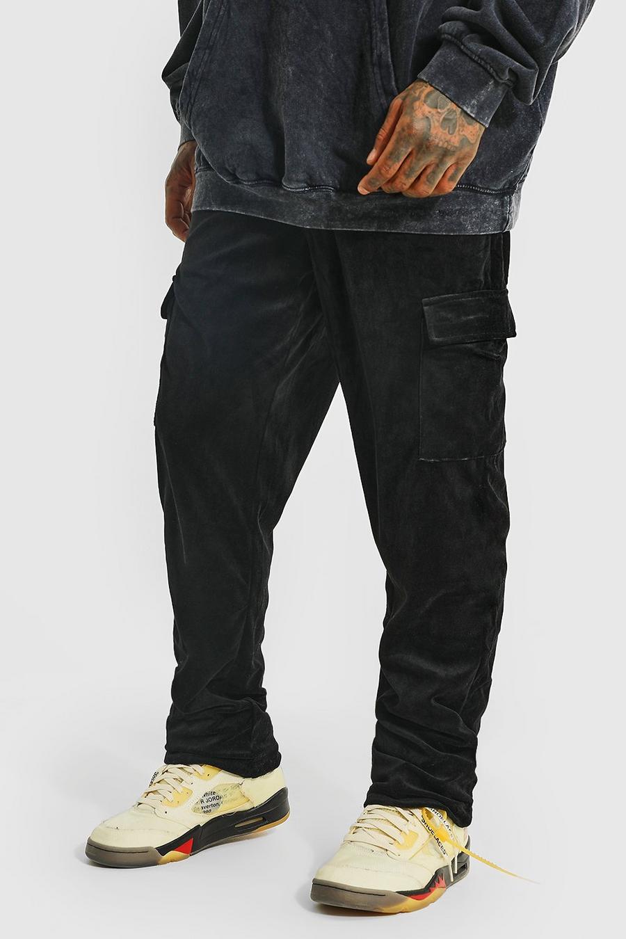 Black Relaxed Fit Velvet Cargo Trousers image number 1