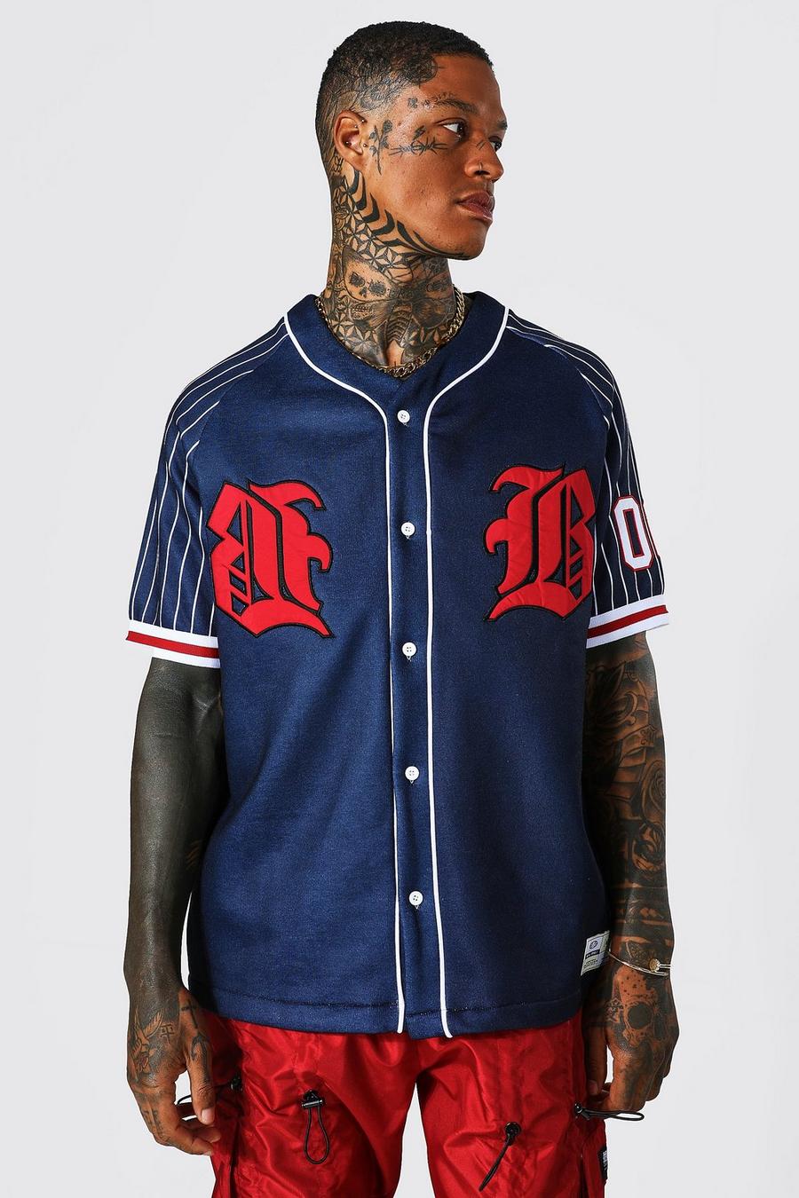 Navy Oversized B Embroidered Jersey Baseball Shirt image number 1