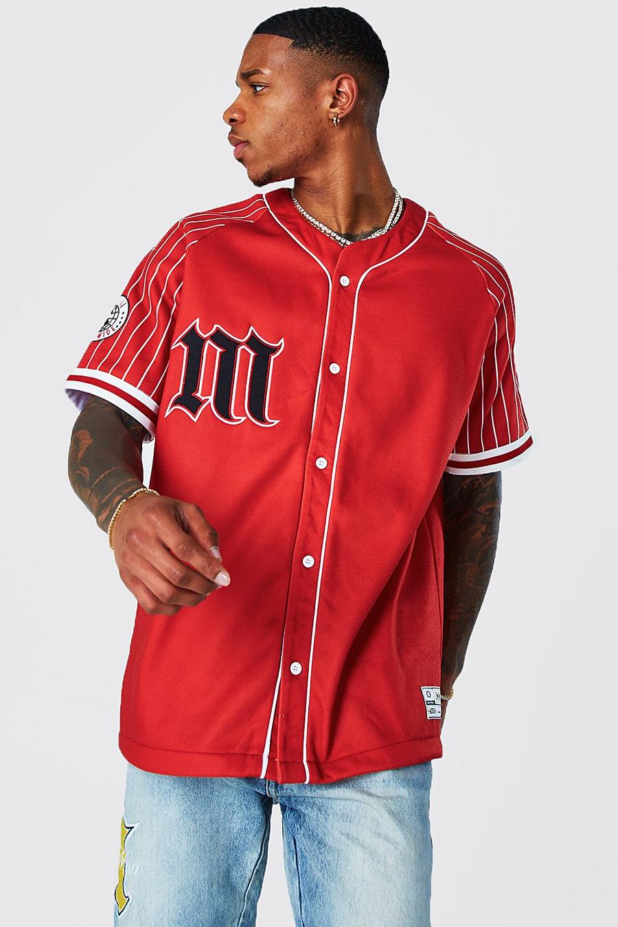 Red Oversized M Embroidered Jersey Baseball Shirt image number 1