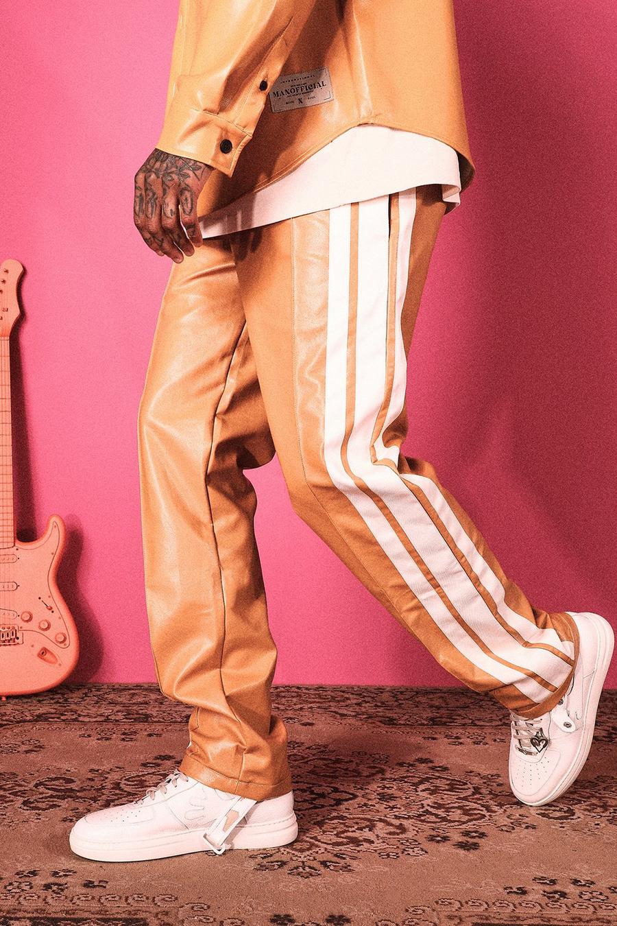 Pantalon en similicuir ample à bandes latérales, Mustard jaune image number 1