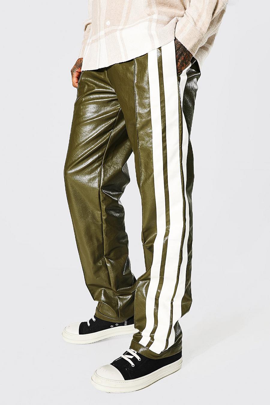 Pantaloni rilassati in poliuretano con strisce laterali, Olive verde image number 1