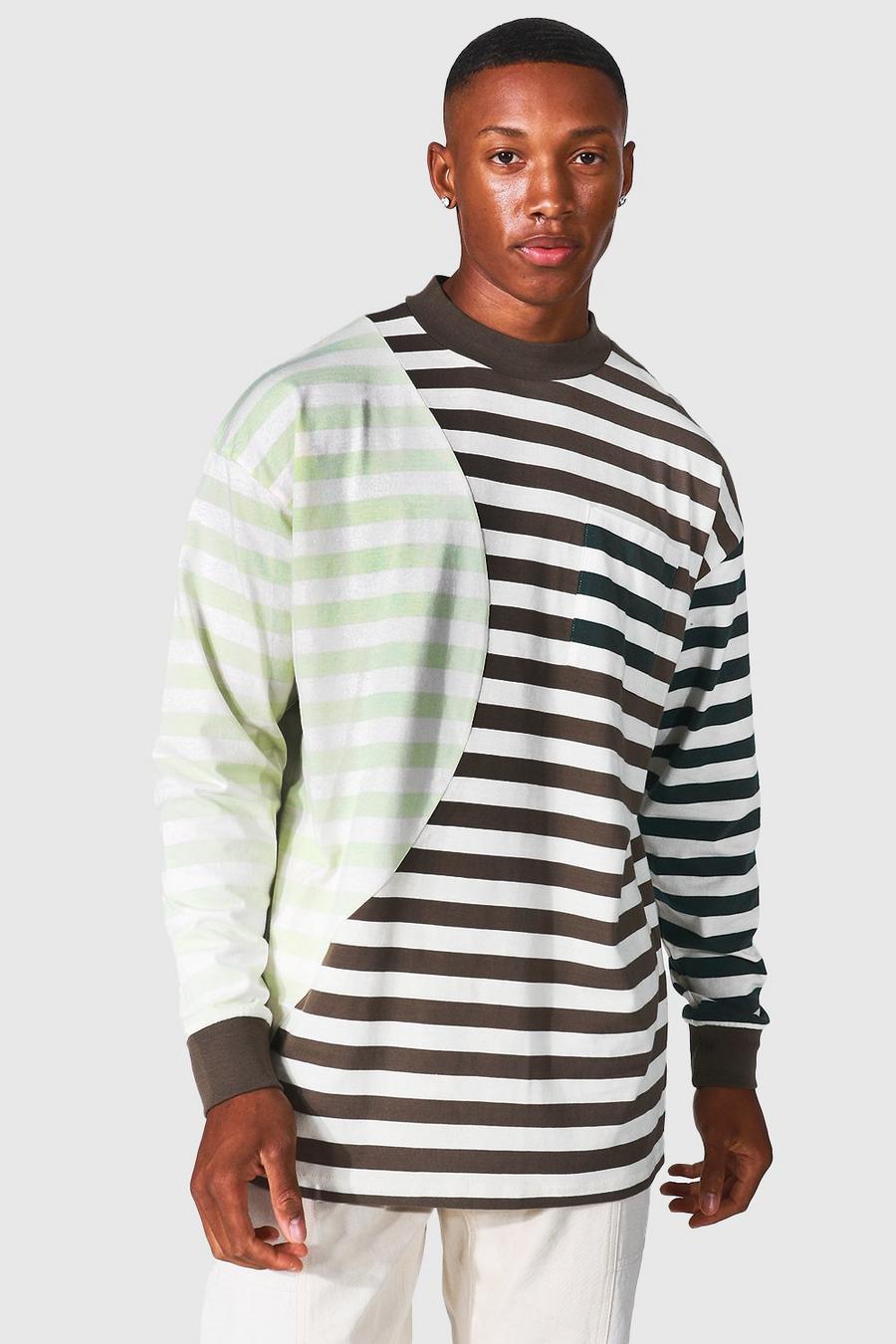 Brown brun Oversized Spliced Striped Long Sleeve T-shirt image number 1