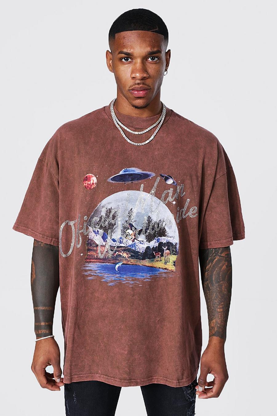 Camiseta oversize MAN Official con lavado a la piedra y estampado gráfico, Brown image number 1